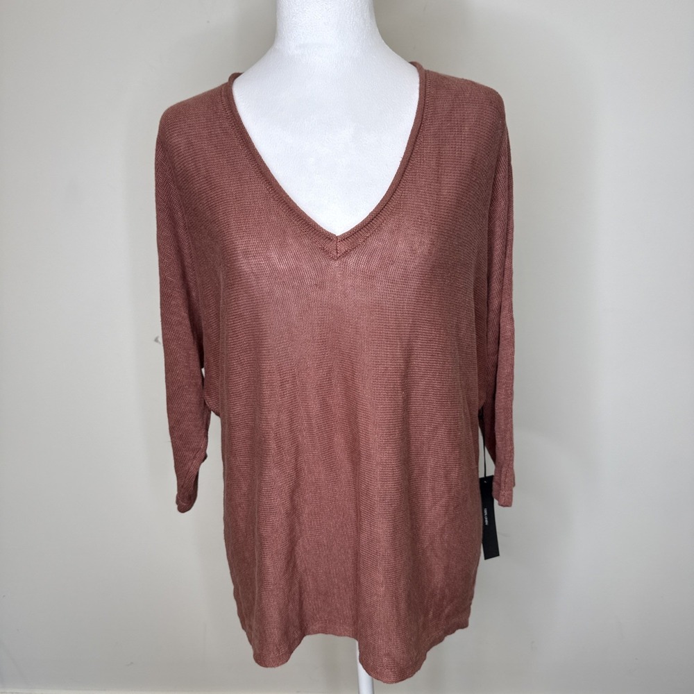 Tahari 100% Linen Knit Pullover Blouse Top Womens S Brown V Neck 3/4 Minimalist